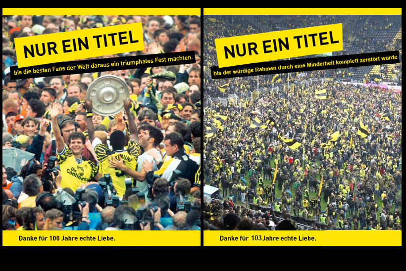 Satirische Gegenüberstellung von einer BVB-Werbung mit Platztsturm mit der BVB-Kritik am Platzsturm