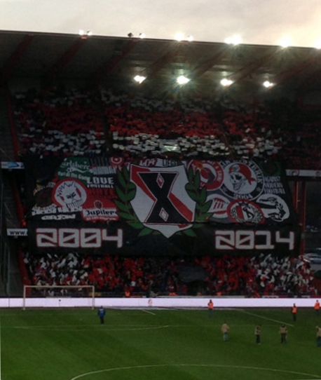 Choreo by Standard-Ultras PHK (Publik Hysterik Kaos) at the match Liege - Gent